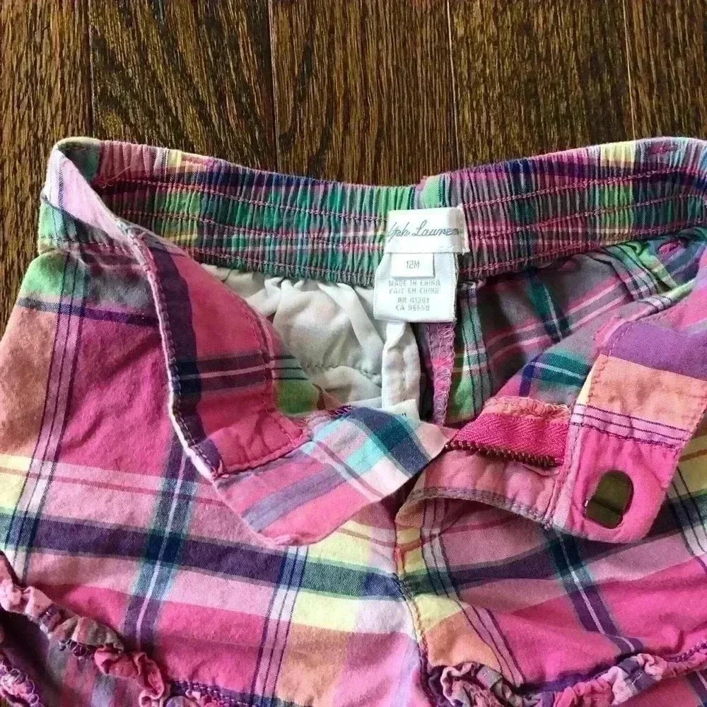 Ralph Lauren Girls 12M Pink/Blue Plaid Ruffled Hem Shorts - VGUC